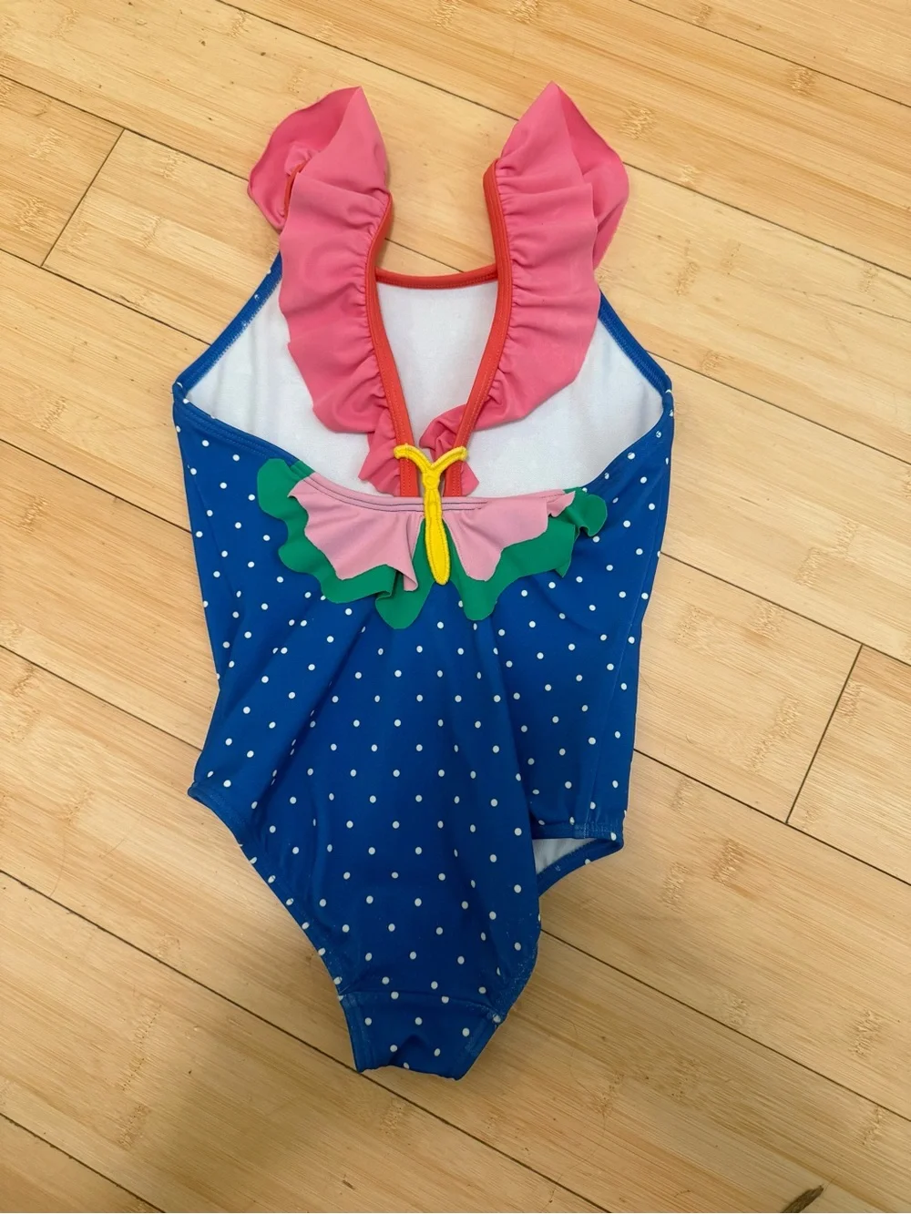 Girls' Blue Polka Dot One-Piece Swimsuit with Pink Ruffle Straps size 5-6